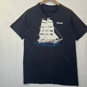 VTG Bermuda Ship Mens XL T-Shirt Black Faded Chopped Neck Single Stitch Sailboat